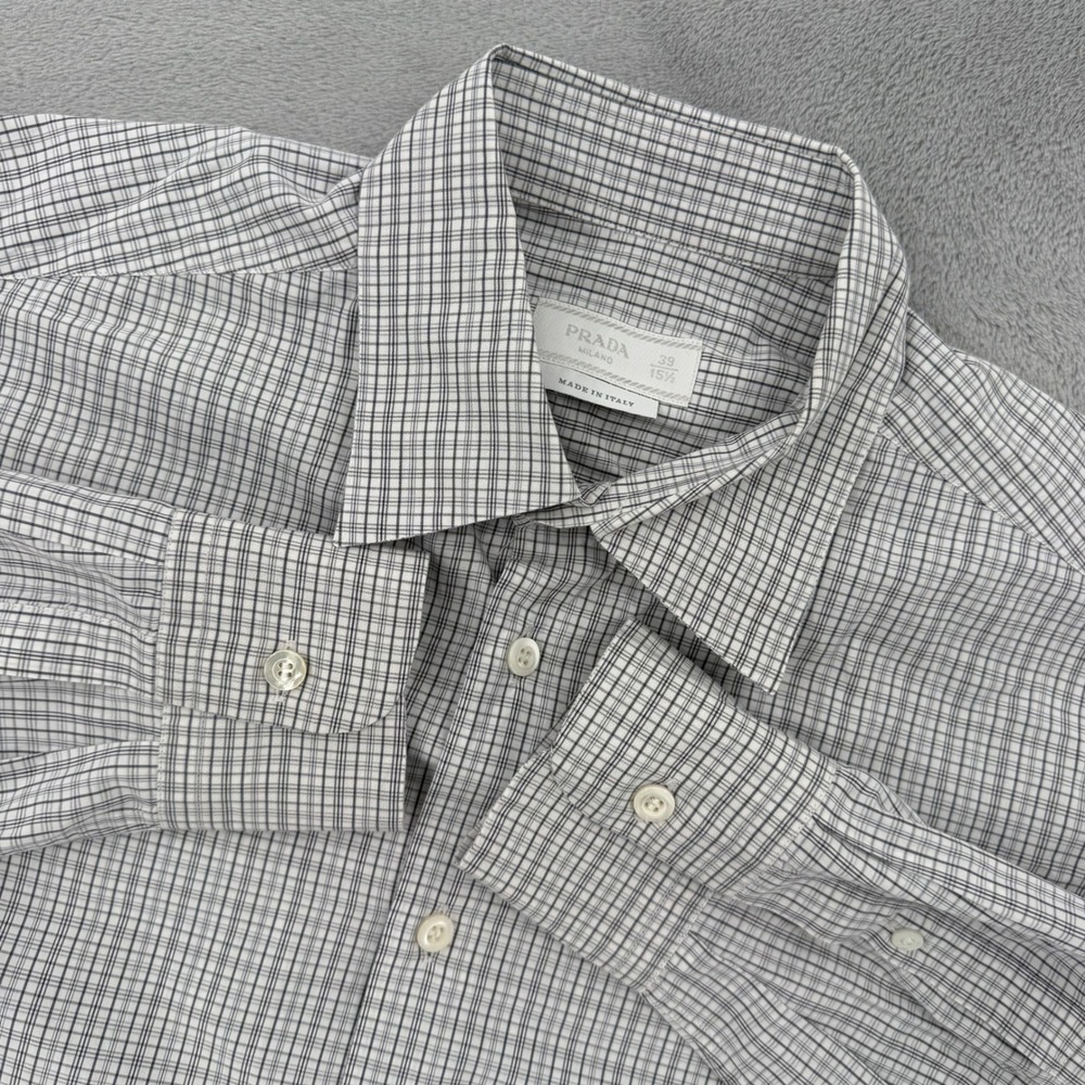 Vintage Prada Milano Mens Grey White Micro Check Button Down Shirt Sz‎ 33/ 15.5
